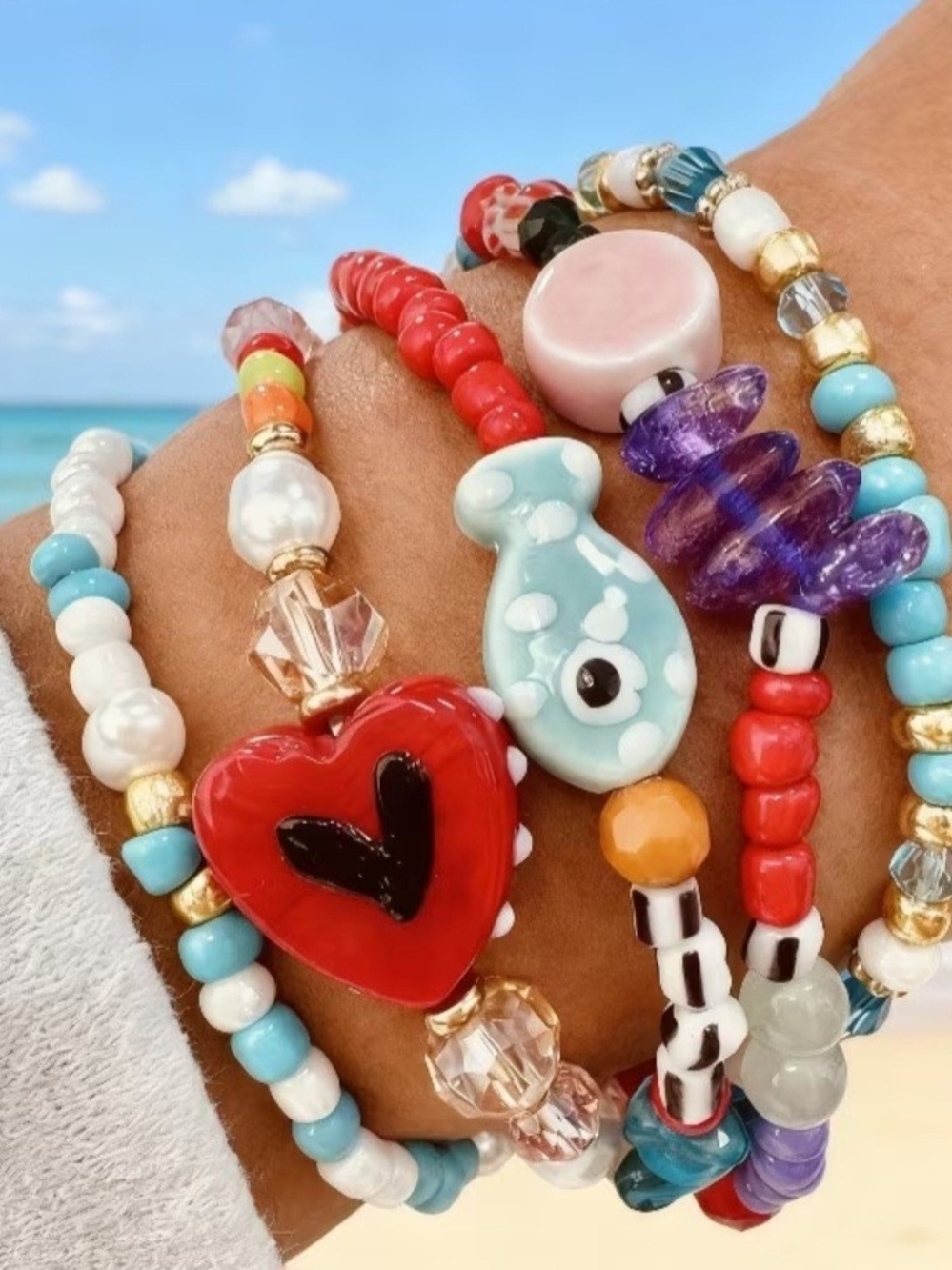 5 New Colorful Beaded Heart & Charm Stack Bracelet - Red Turquoise Purple Bundle